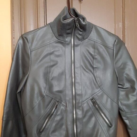 Women's Grey Faux Leather Bomber Jacket size S Miss London - Picture 1 of 11